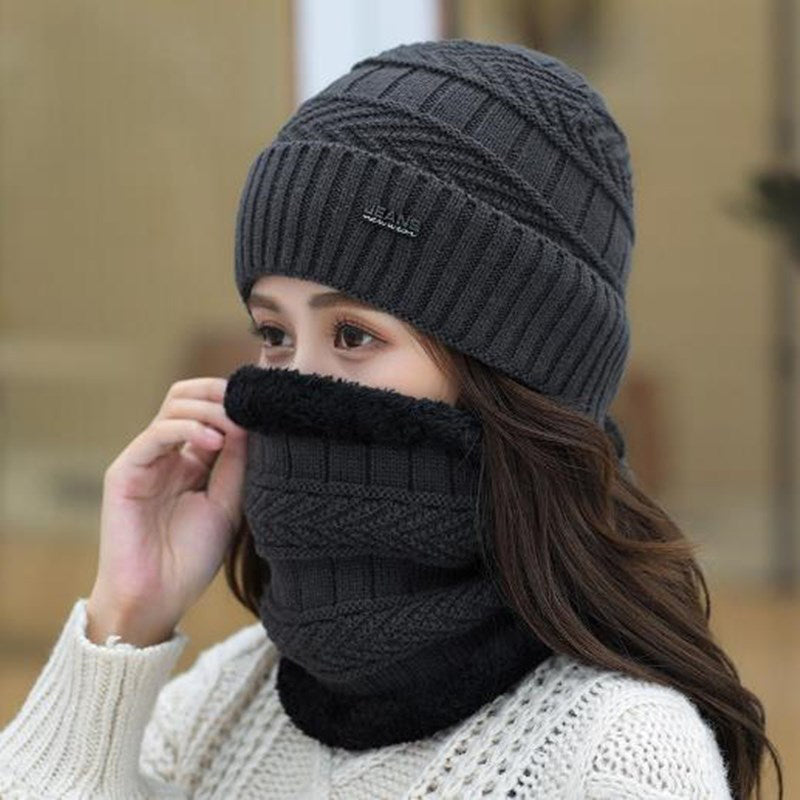 Two-Piece Set Fleece Warm Women Knitted Hat Scarf Caps Neck