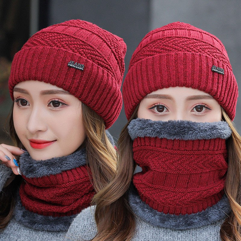 Two-Piece Set Fleece Warm Women Knitted Hat Scarf Caps Neck
