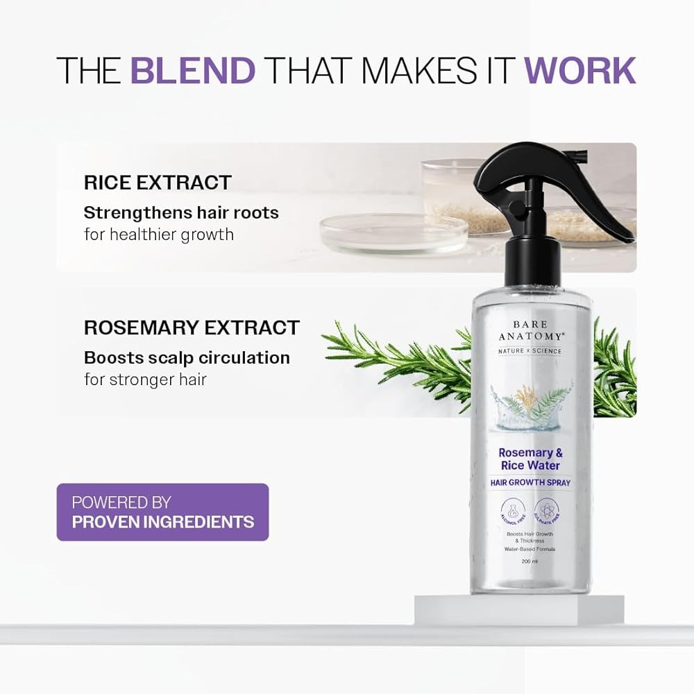 bare anatomy rosemary & rice water hair growth spray 200ml | boosts thickness & strength | water based, alcohol & sulphate free formula bare anatomy rosemary & rice water hair growth spray 200ml | boosts thickness & strength | water based, alcohol & sulphate free formula