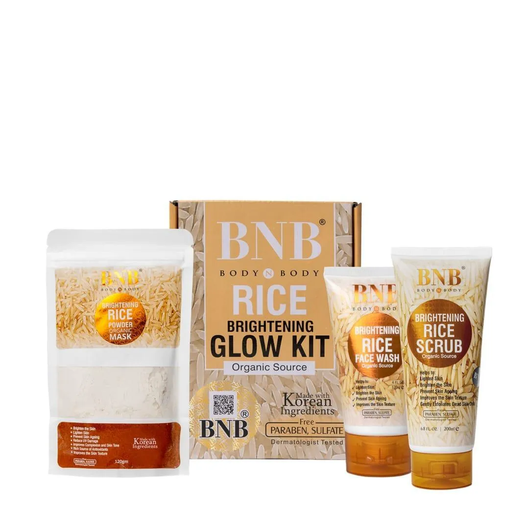 bnb rice brightening glow kit – organic rice face wash, rice scrub & rice powder mask for radiant & even skin tone bnb rice brightening glow kit – organic rice face wash, rice scrub & rice powder mask for radiant & even skin tone